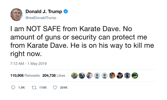 Illustration for article titled National Security Crisis: The White House Is In Panic Mode After President Trump Tweeted ‘Karate Dave Is Coming To Kill Me’